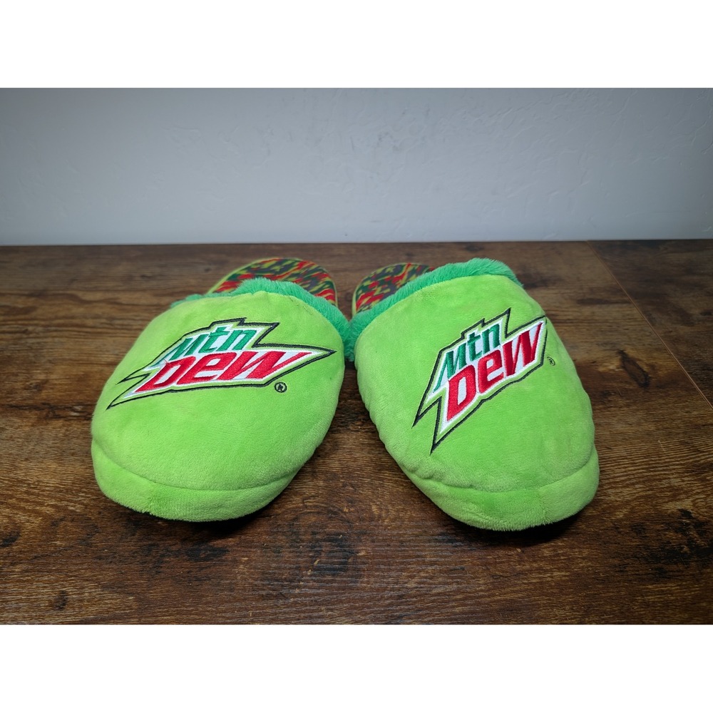 Mtn Dew Neon Green Plush Scuff Slippers Faux Fur Trim Logo House Shoes Mens L